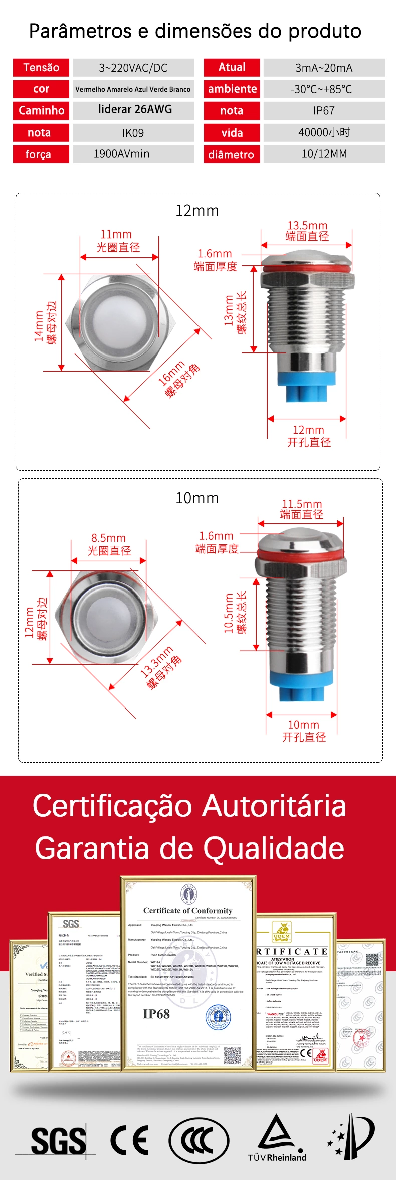 Luz indicadora metálica de três cores e quatro fios série WD10/12L