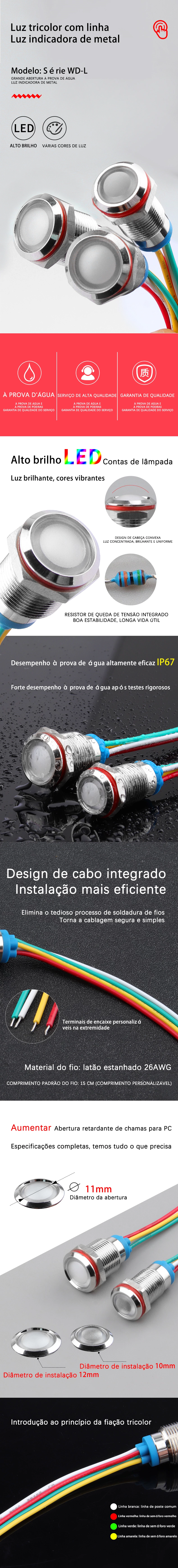 Luz indicadora metálica de três cores e quatro fios série WD10/12L