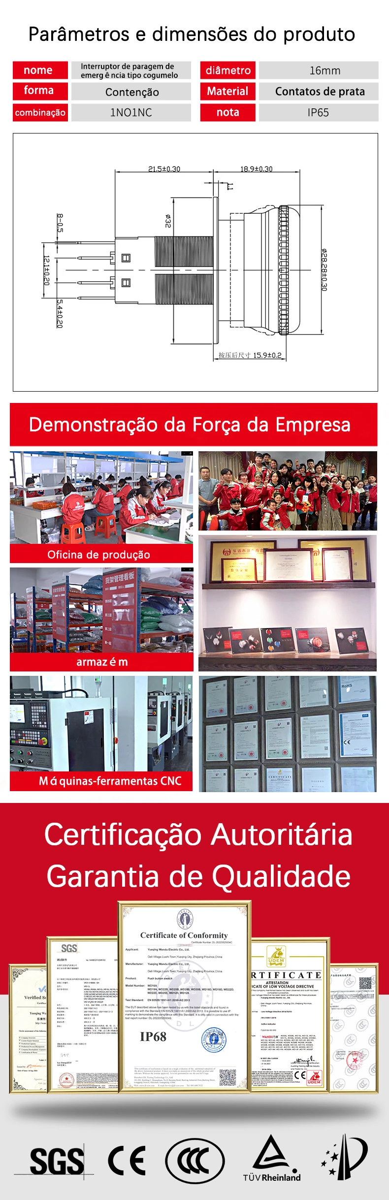 Paragem de emergência WD-16M com luz