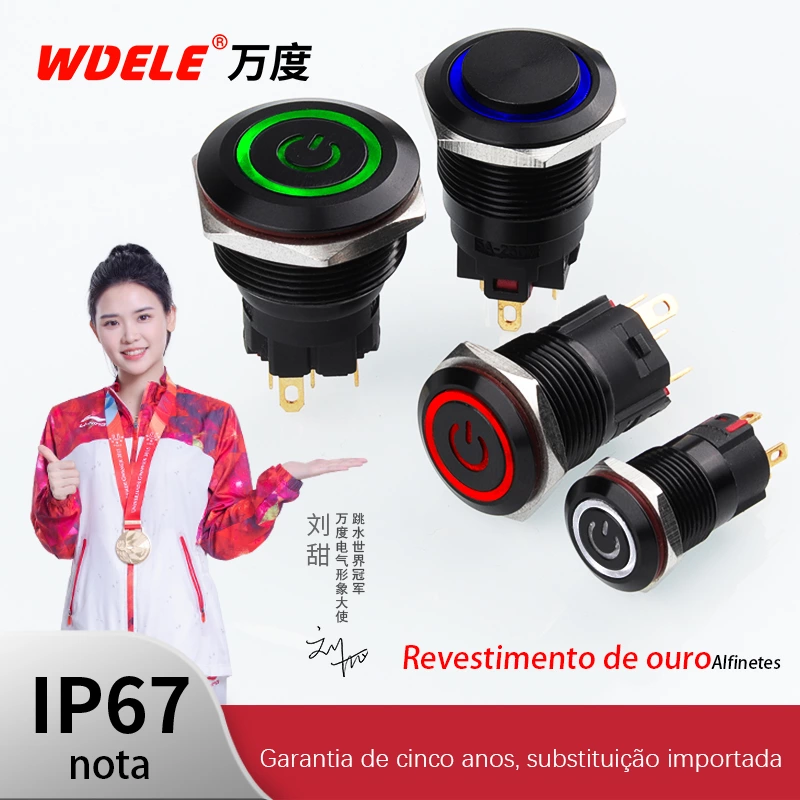 Interruptores de botão de pressão em metal preto oxidado série WD-A