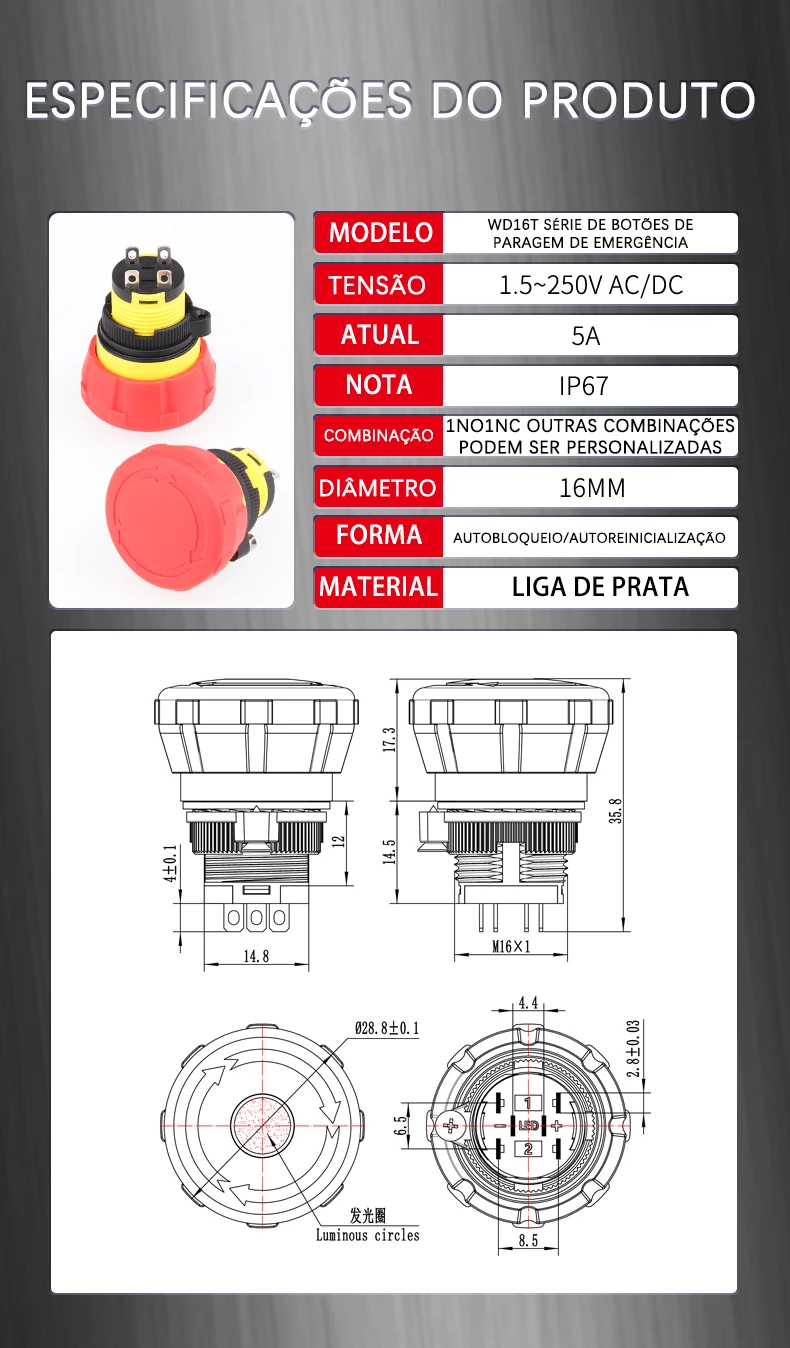 Paragem de emergência à prova de água de plástico WD16M