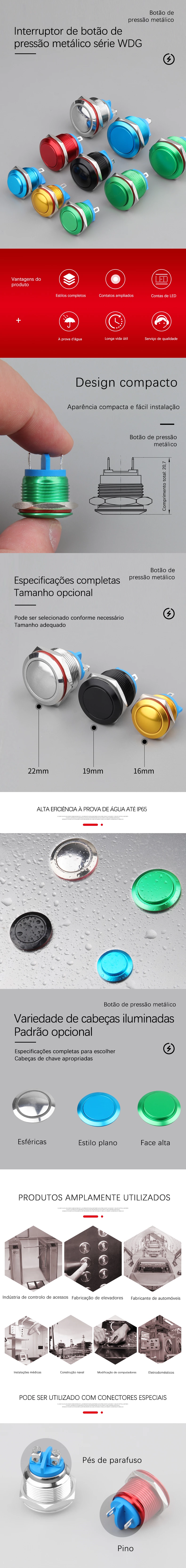 Interruptor de botão de pressão de metal não iluminado de reinicialização da série H
